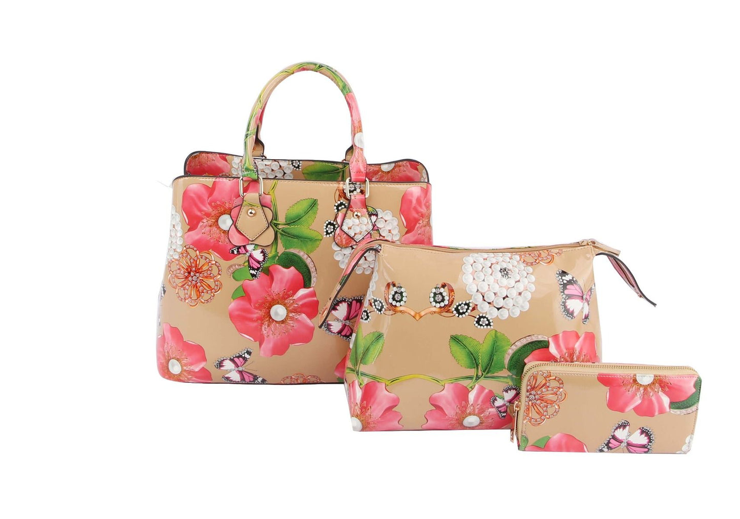 FLORAL PRINT TEXTURE BAG WITH WALLET SET
