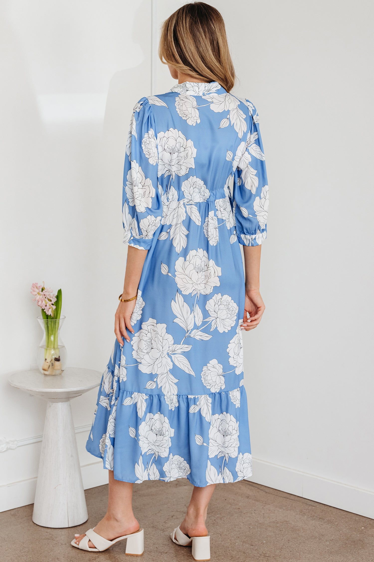 Sky Blue Floral  Hem Long Dress