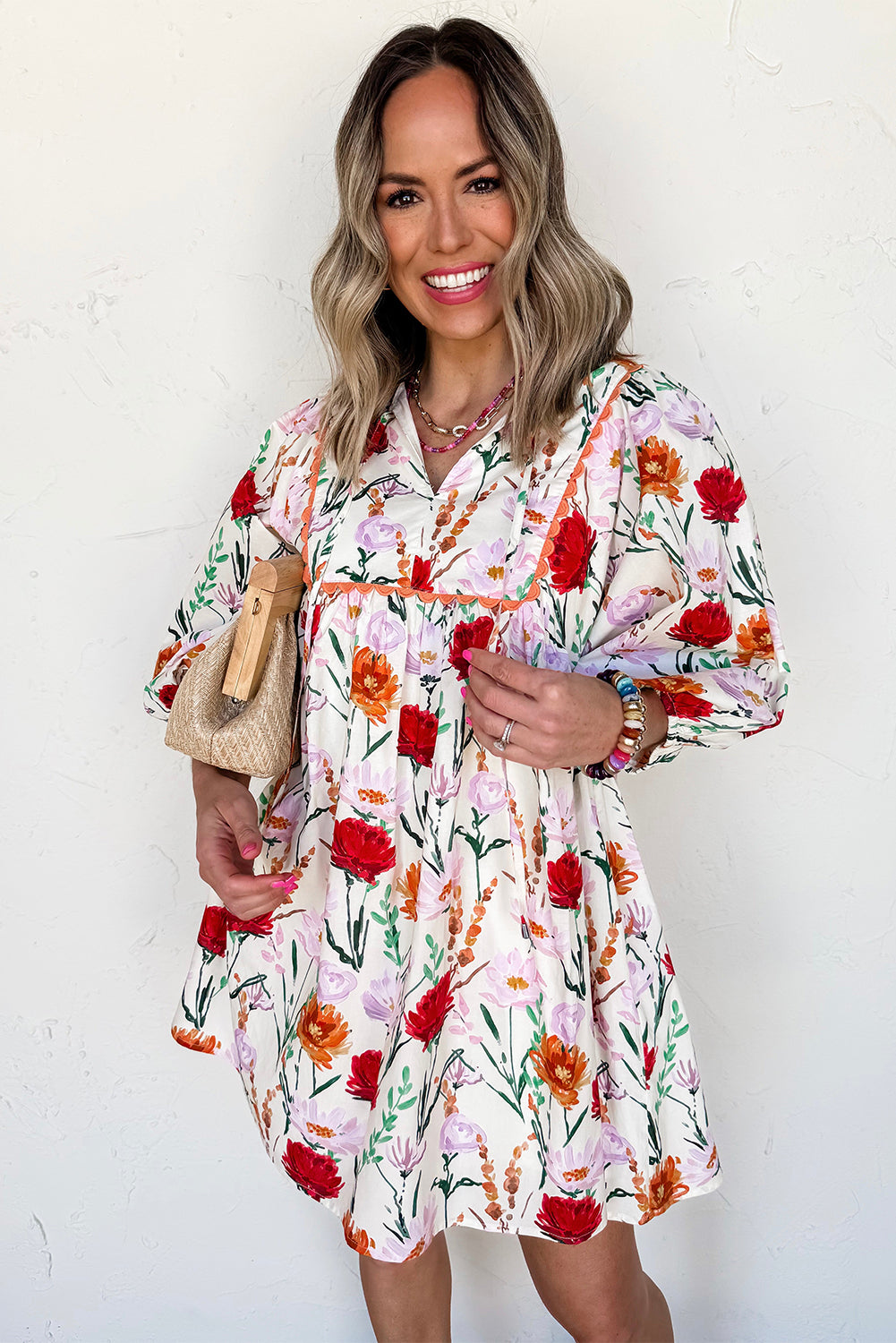 beige floral mini dress