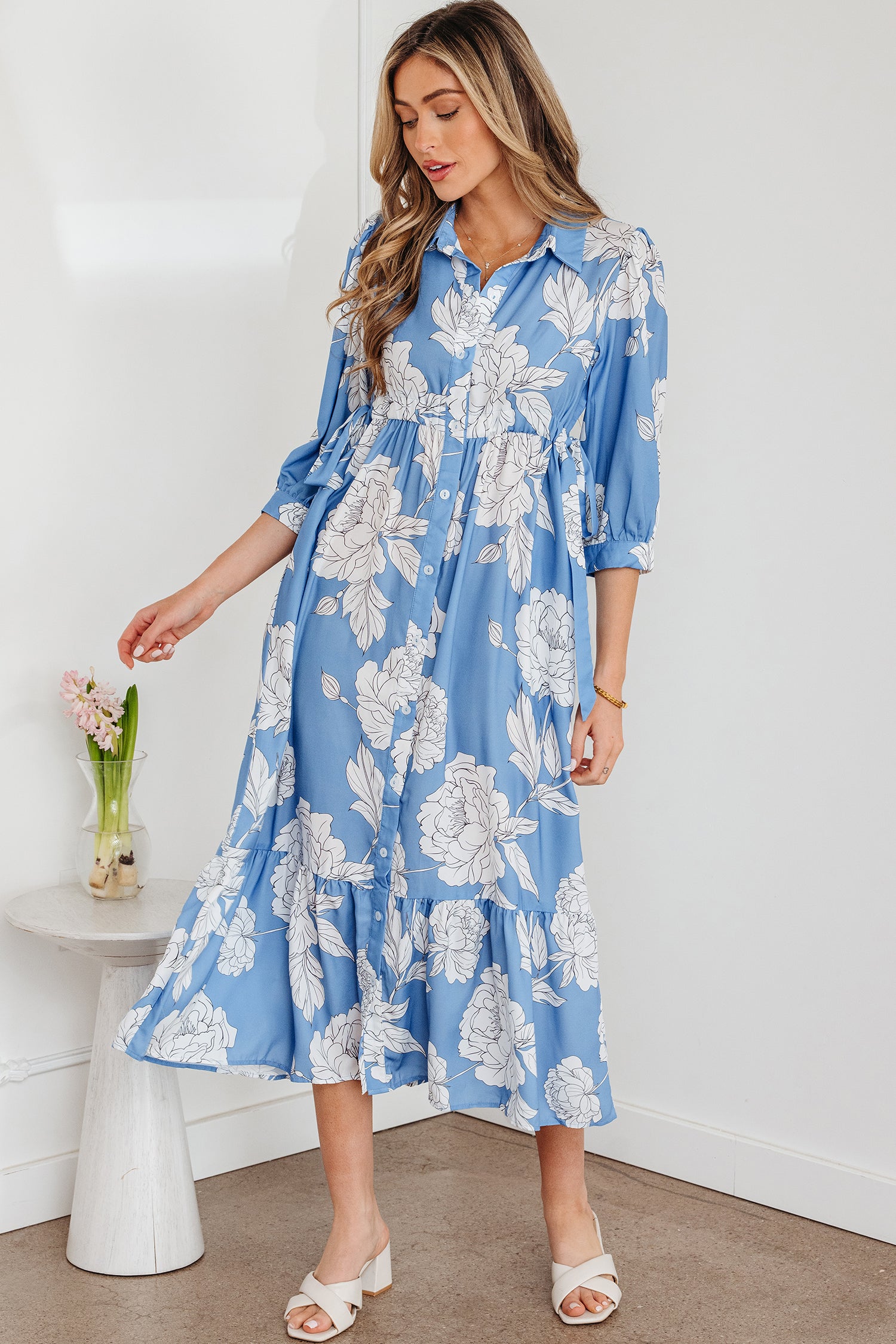 Sky Blue Floral  Hem Long Dress