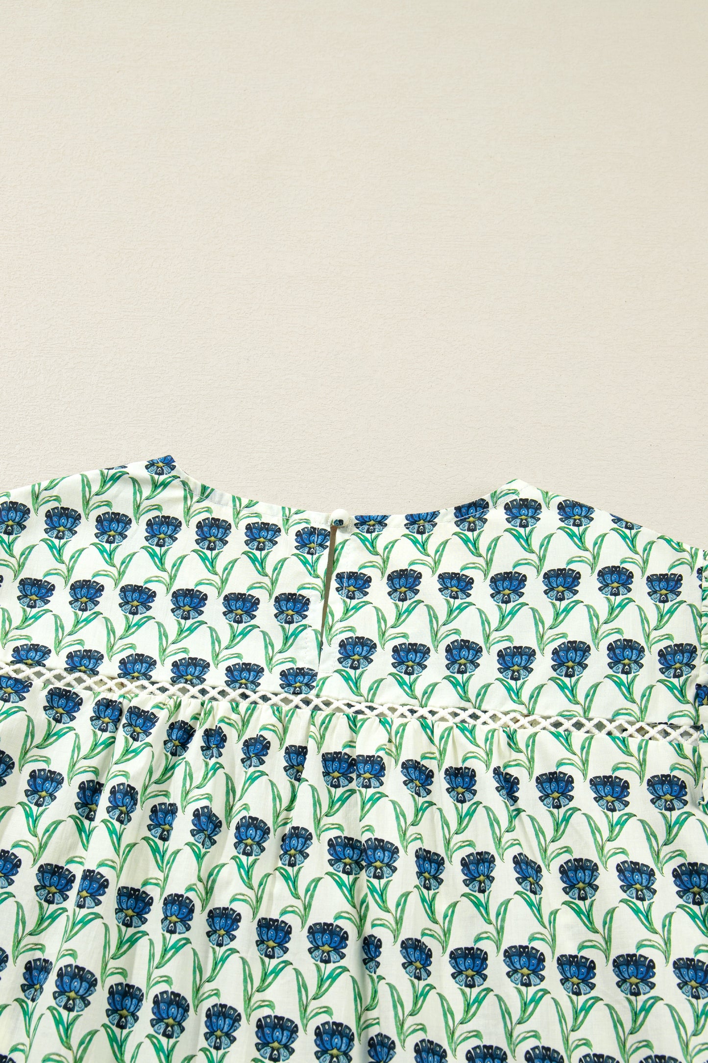 Green Floral Print Lace Detail Ruffle Trim Long Sleeve Blouse