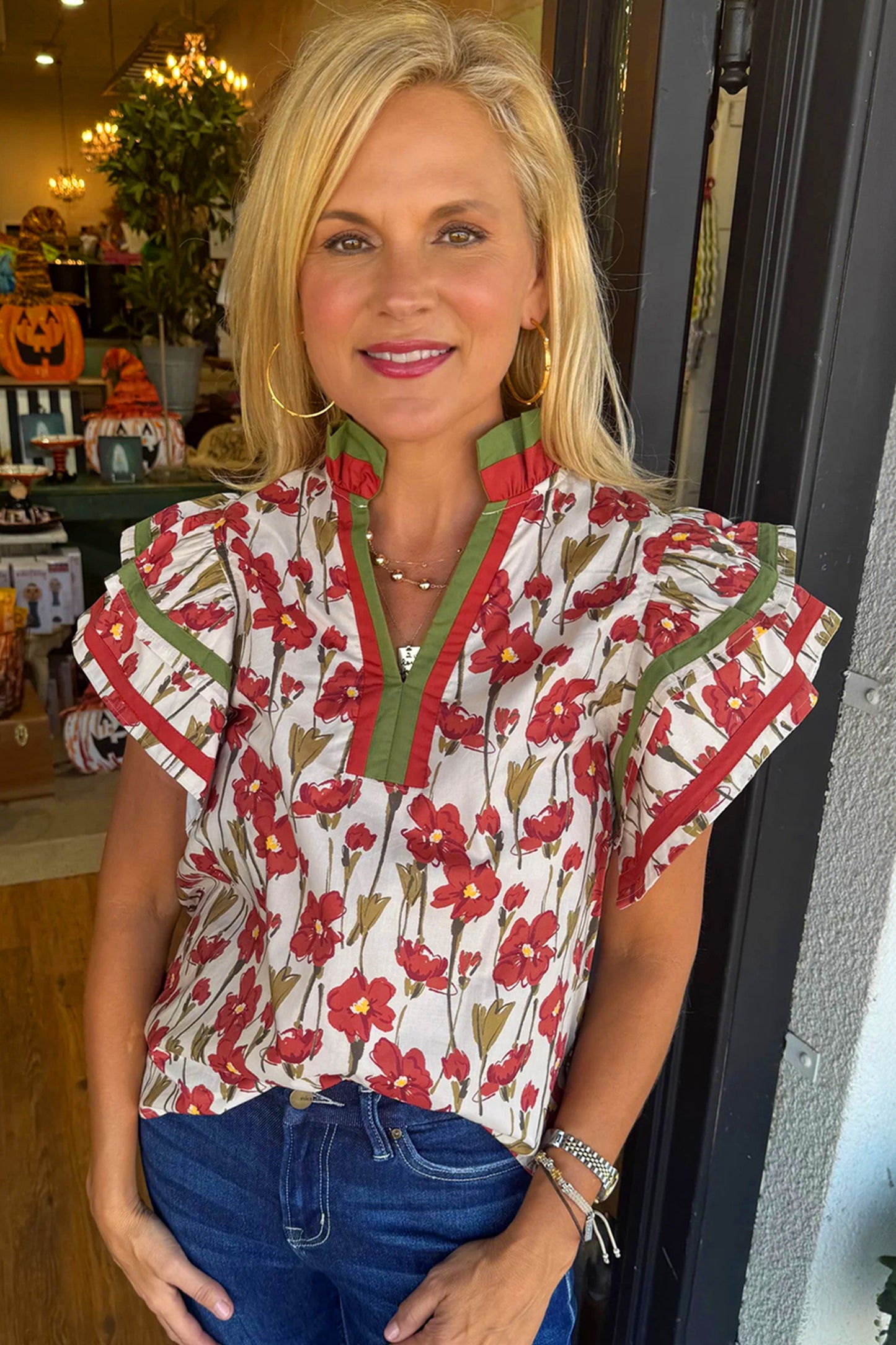 Red Floral Print Contrast Trim V Neck Double Ruffled Short Sleeve Blouse