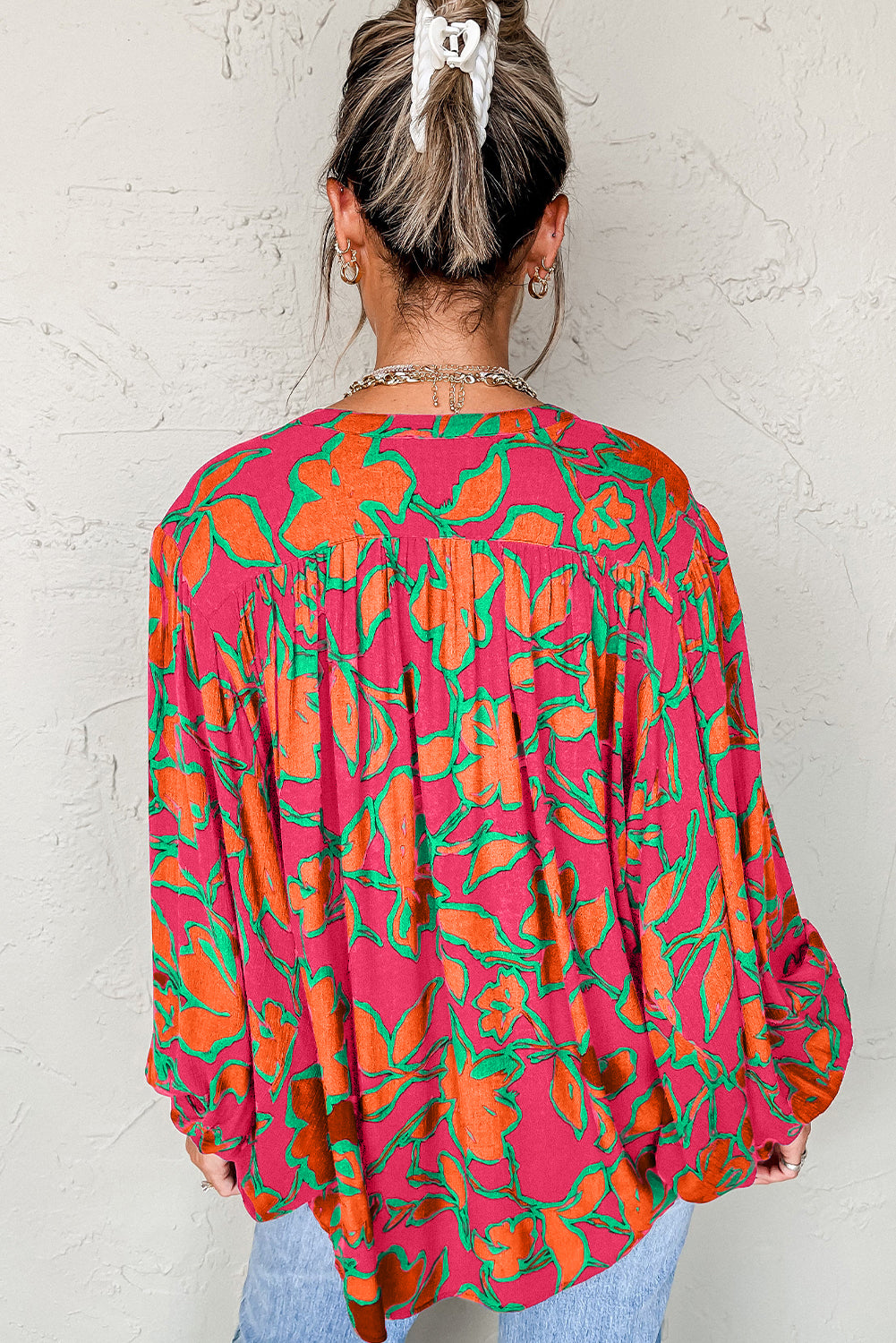 Rose Floral Print Batwing Sleeve Buttoned Loose Fit Shirt