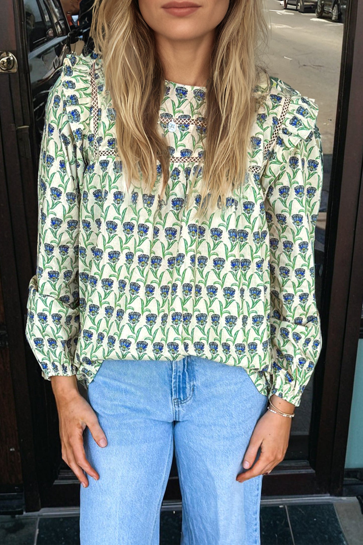 Green Floral Print Lace Detail Ruffle Trim Long Sleeve Blouse
