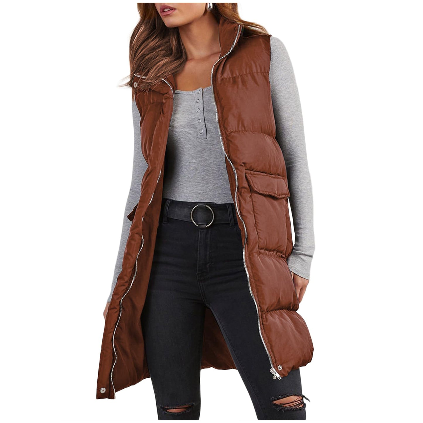 Polyester Hooded Single-breasted Mid-length Cotton Clothing Vest