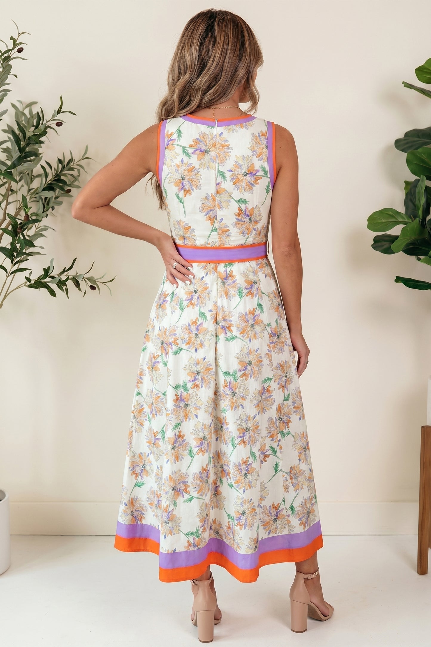 White Floral Print Color Block Trim Belted Sleeveless Maxi Dress