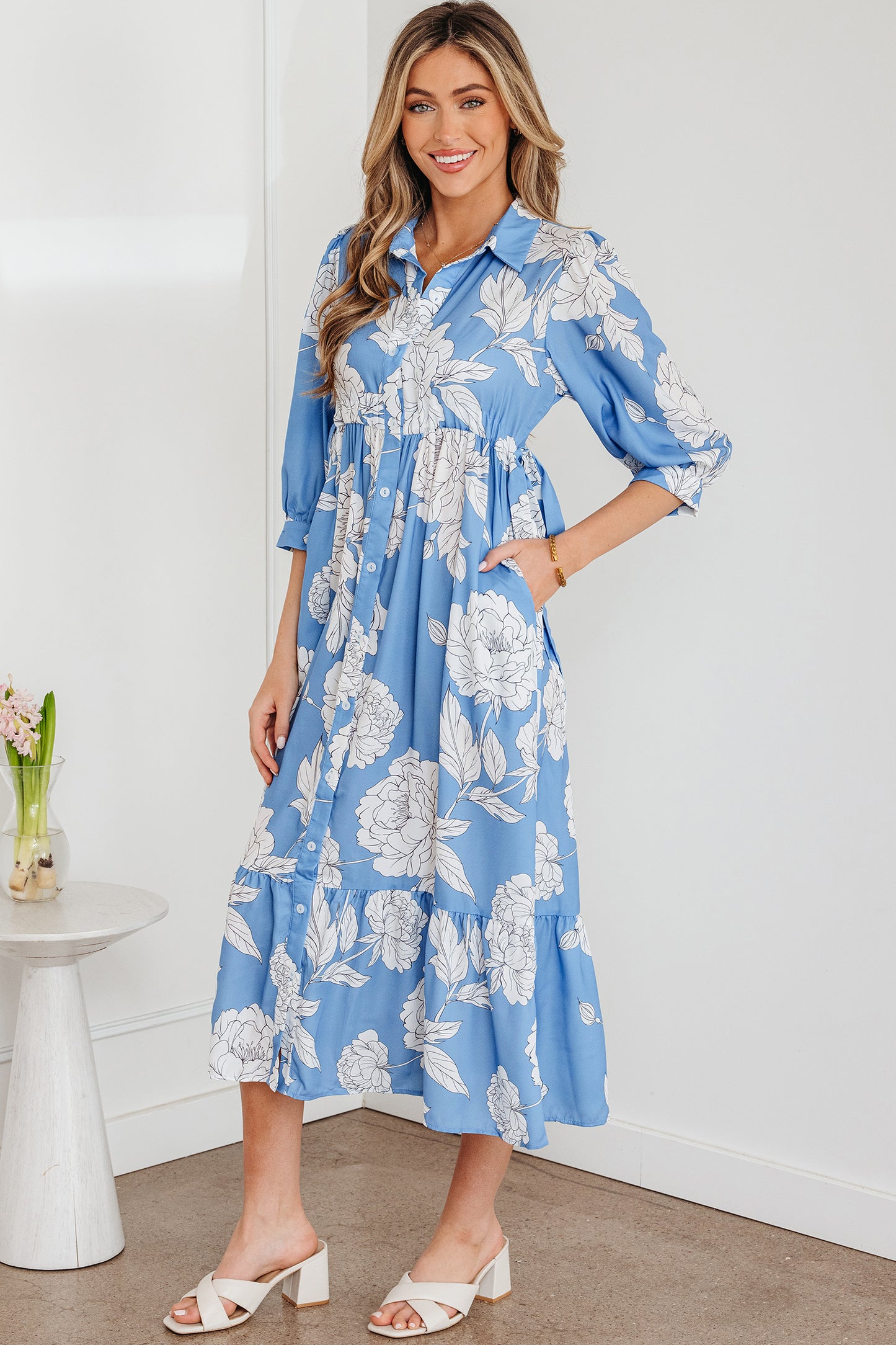 Sky Blue Floral  Hem Long Dress