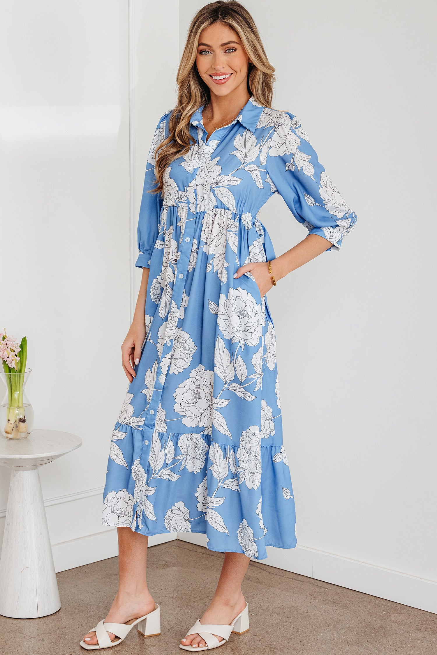 Sky Blue Floral  Hem Long Dress