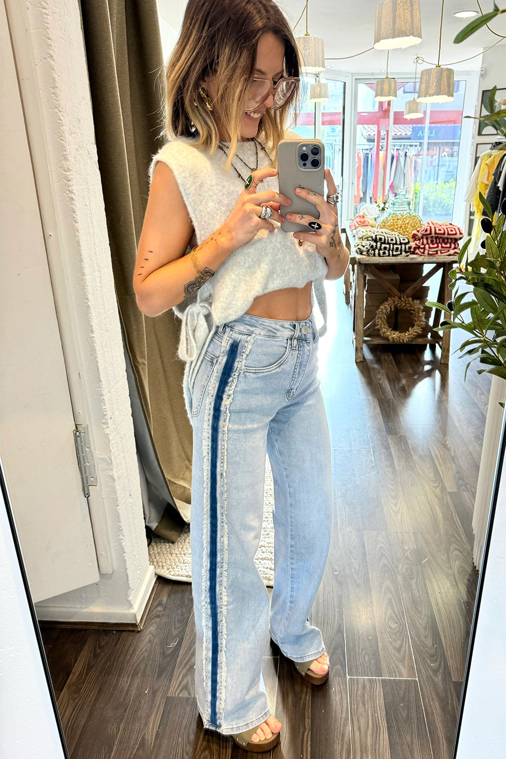 Beau Blue Contrast Stripe Frayed Side Panel Patchwork Shift Jeans