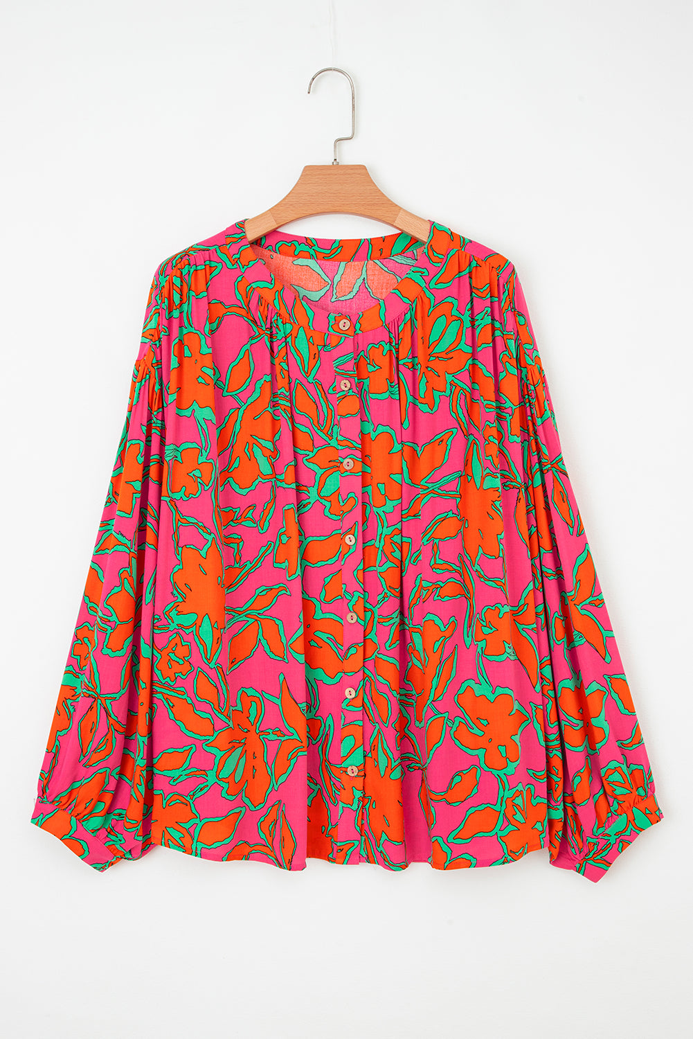Rose Floral Print Batwing Sleeve Buttoned Loose Fit Shirt