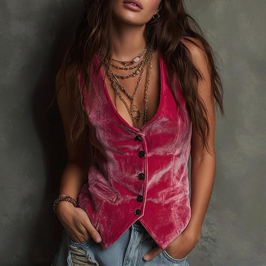 Women's Bohemian Vintage Sleeveless Vest Solid Color Western V-Neck Button Down Waistcoat For Spring Summer Layering