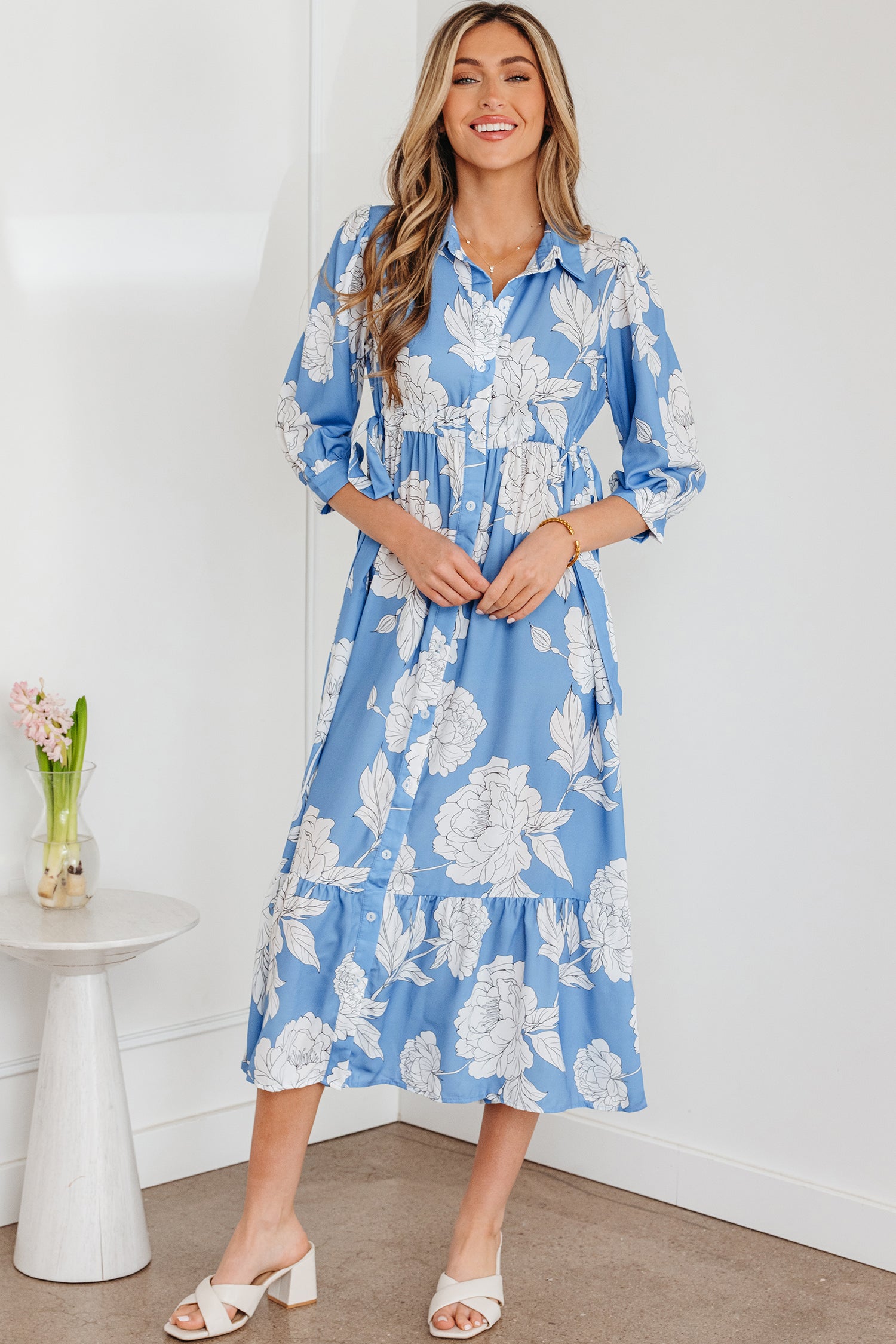 Sky Blue Floral  Hem Long Dress