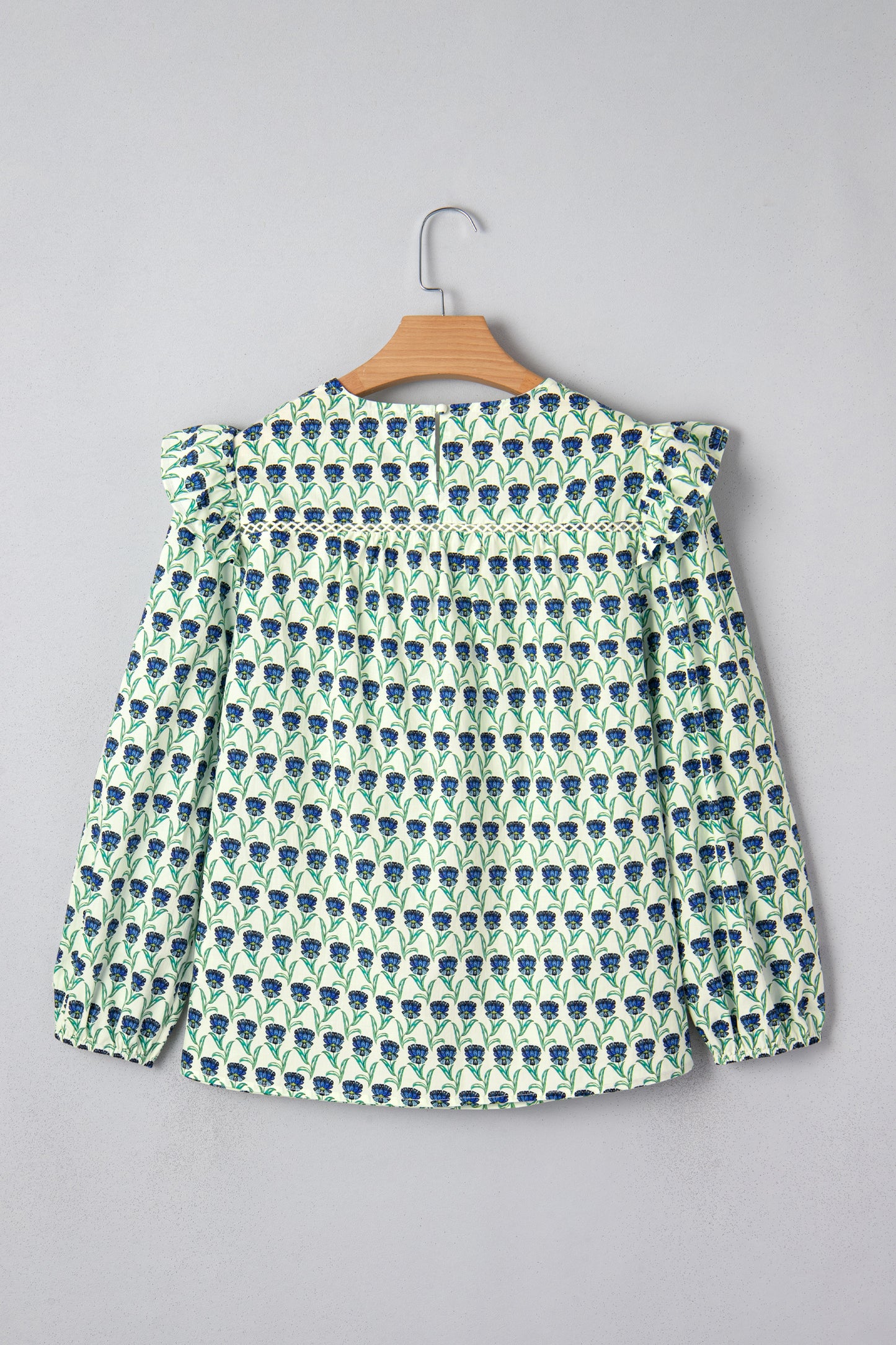 Green Floral Print Lace Detail Ruffle Trim Long Sleeve Blouse
