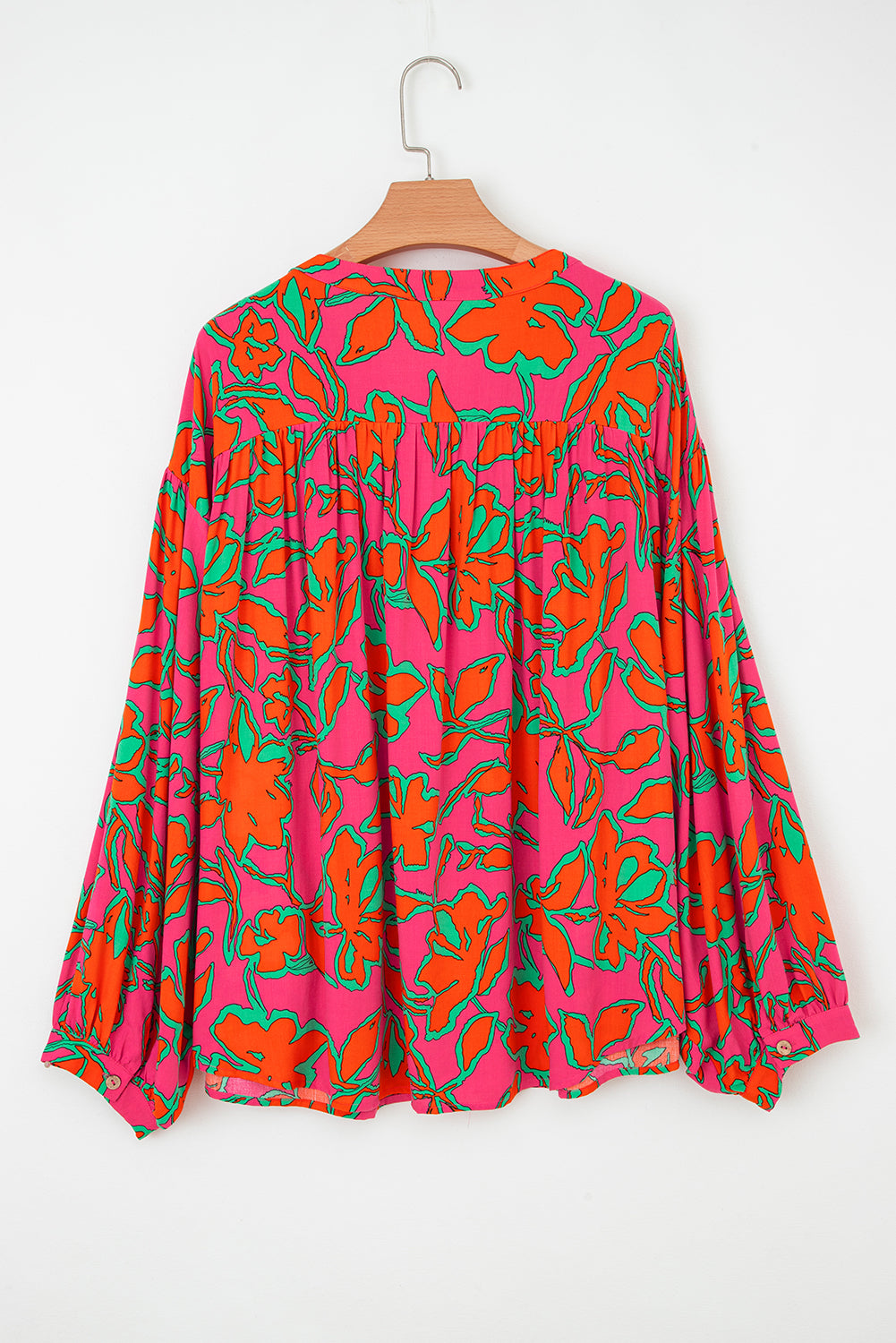 Rose Floral Print Batwing Sleeve Buttoned Loose Fit Shirt
