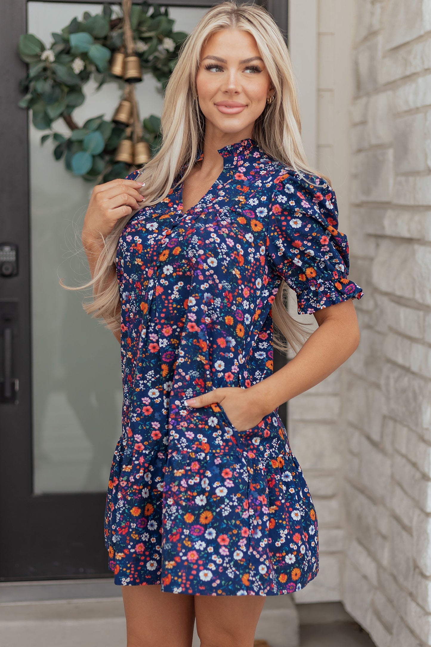 Blue Wild Daisy Floral Split Neck Short Puff Sleeve Mini Dress