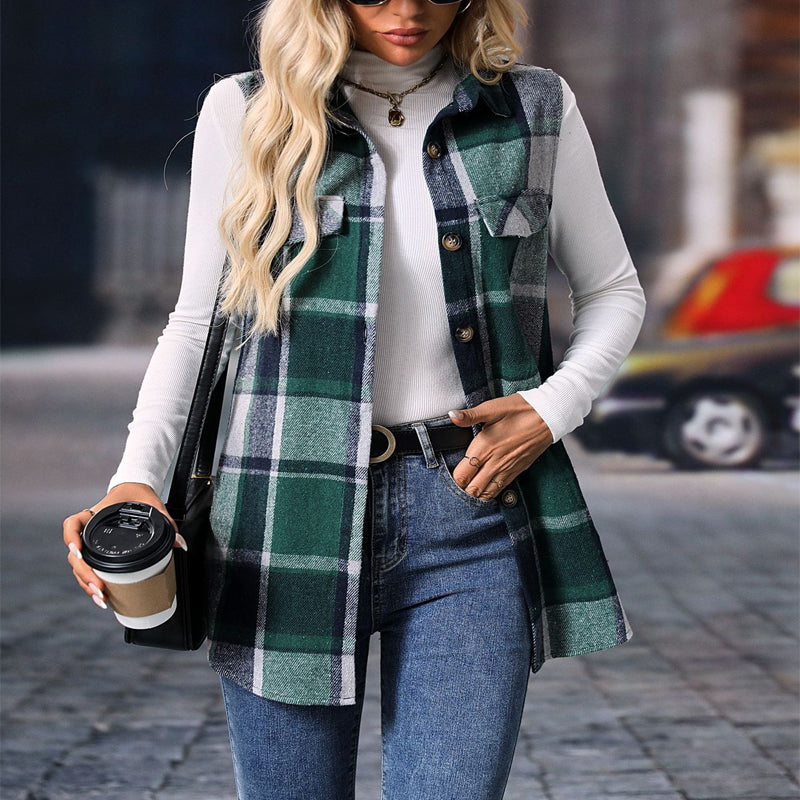 Women's Plaid Print Vest With Lapel Collar Long Sleeveless Button Front Mid-Length Jacket For Spring And Fall Layering