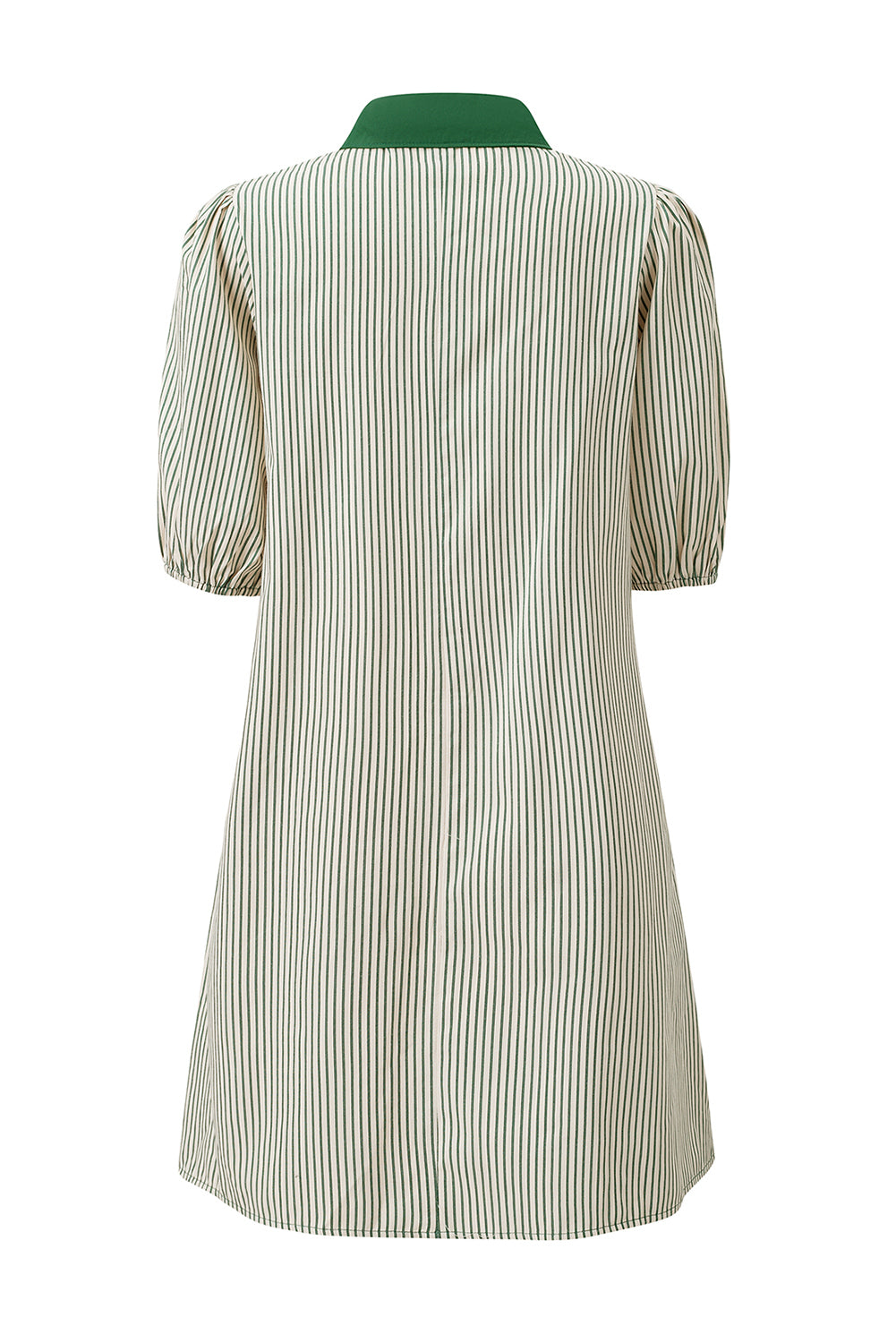 Green Stripe Color Block Patchwork Shirt Collar Button Down Puff Sleeve Mini Dress