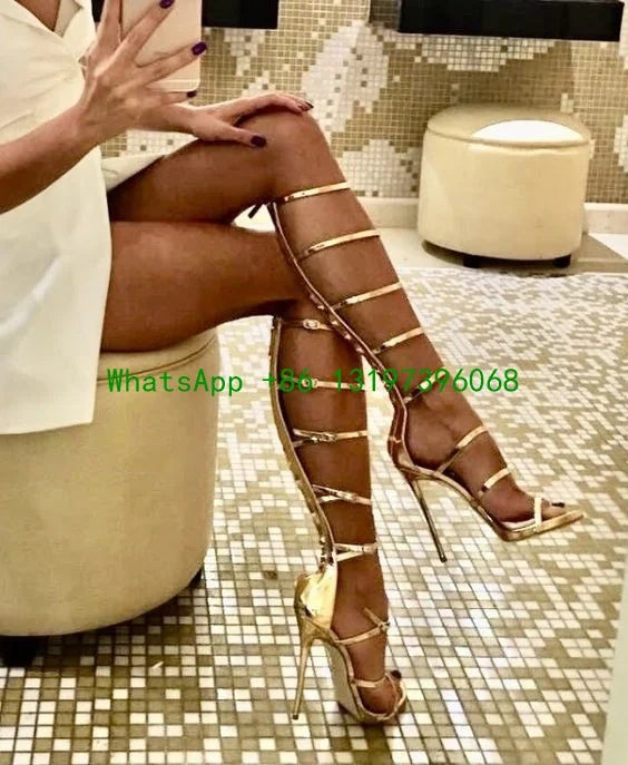 Ladies golden metal decorative high heel boots hollow elegant high heels open toe stiletto high heels cover heel knee sandals