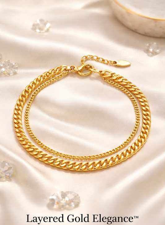 Gold chain bracelet on a soft fabric background with 'Layered Gold Elegance' text.