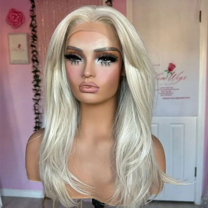 Wig female White Platinum Blonde Synthetic HD Lace Front Wig Balayage Pre Plucked Hairline Heat Resistant Center Parting 18 Inch
