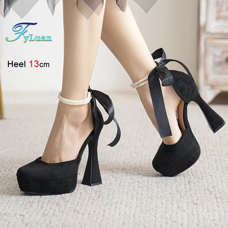 Summer High Heels Womens Sandals Fashion Super High Heels Sandals Bow One Word Buckle Square Head Coarse Heels Ladies Shoes