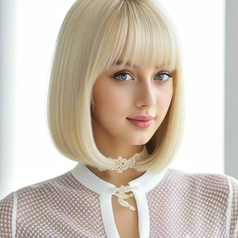 Luxurious 12” gold,color bangs synthetic wig with elegant, voluminous texture for everyday wear and special occasions.