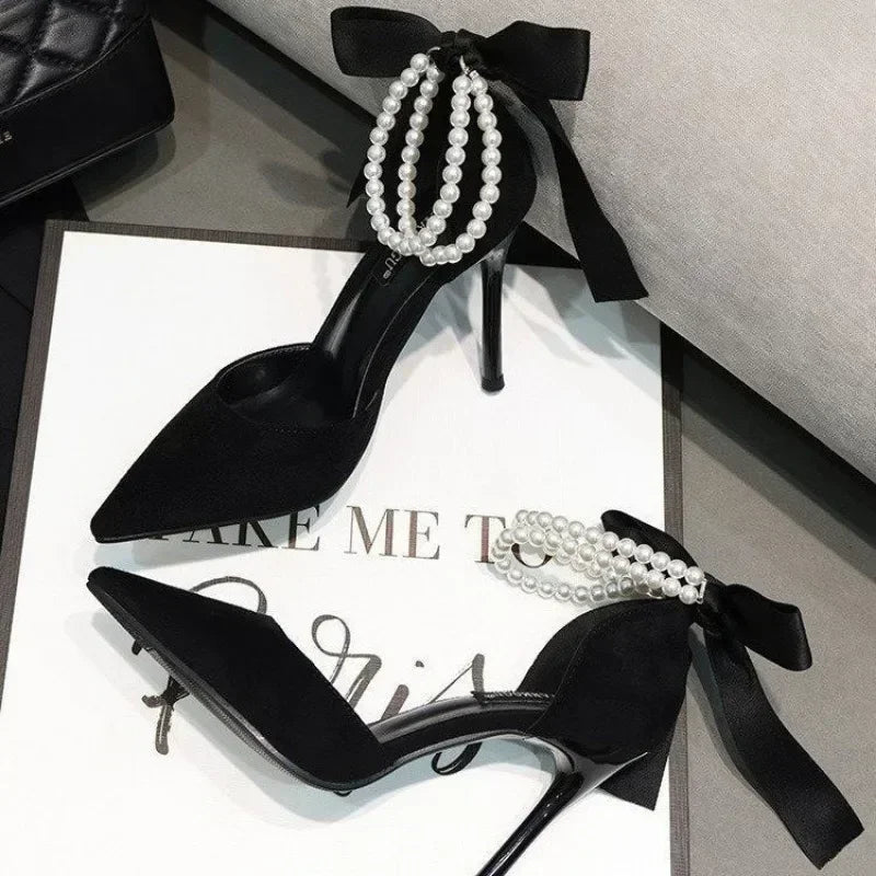 Ladies Shoes Ankle-wrap Women's High Heels Sexy Party Pumps Women String Bead Bow Tie Buckle Strap Spike Heels Sandal