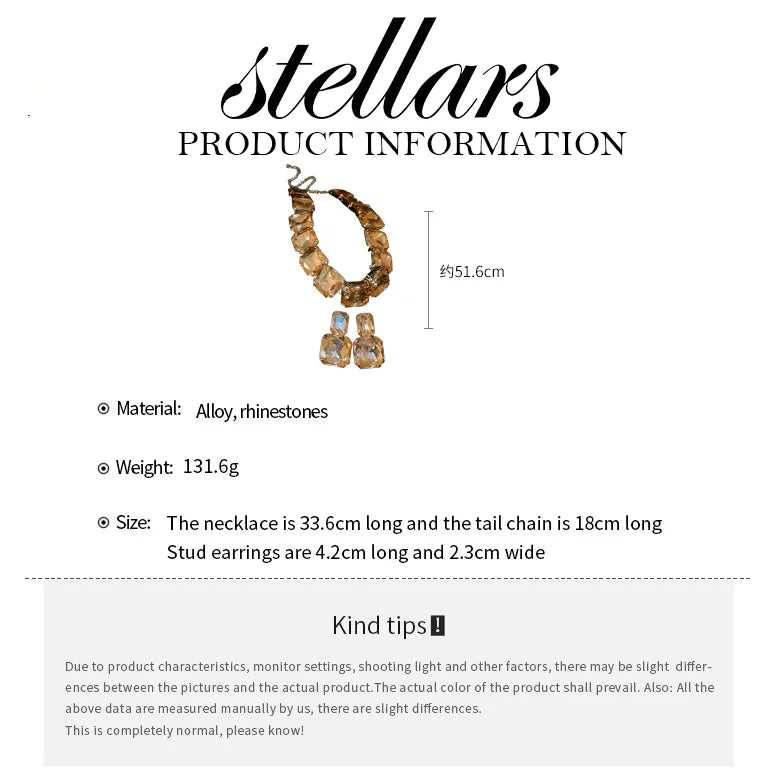 Diamond-Embedded Square Jewelry Set - Unique Bold Design, Clavicle Chain & Earrings, Fashionable High-End Women's Accessories