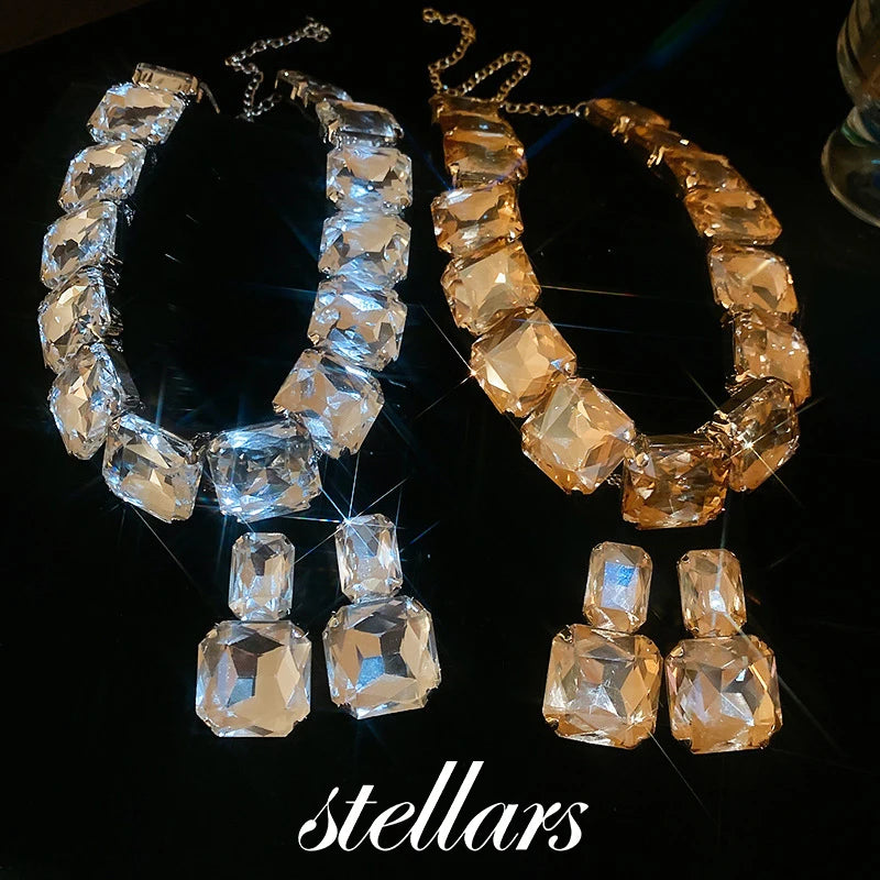 Diamond-Embedded Square Jewelry Set - Unique Bold Design, Clavicle Chain & Earrings, Fashionable High-End Women's Accessories