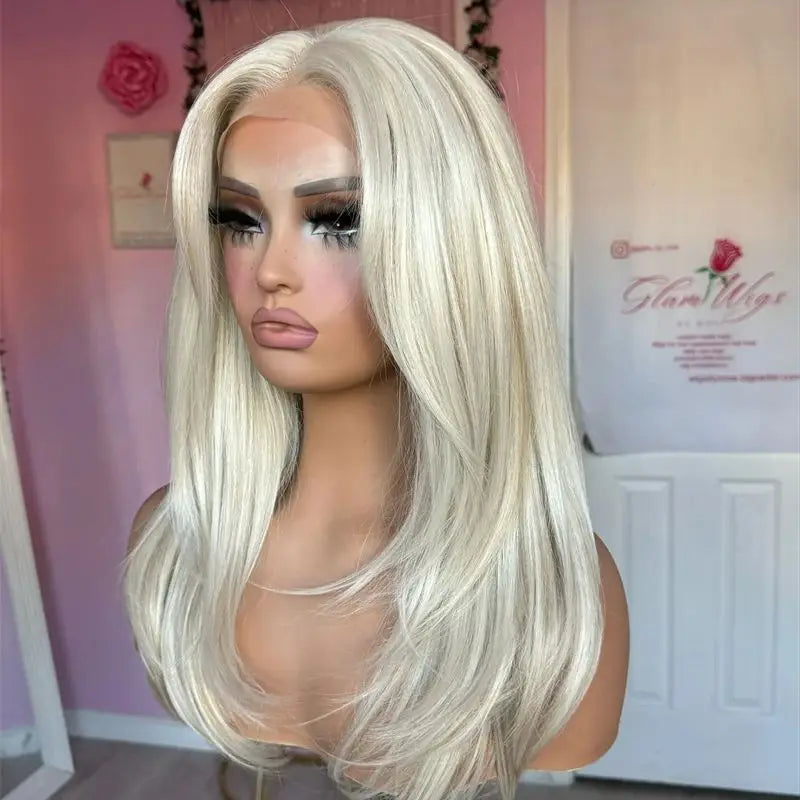 Wig female White Platinum Blonde Synthetic HD Lace Front Wig Balayage Pre Plucked Hairline Heat Resistant Center Parting 18 Inch