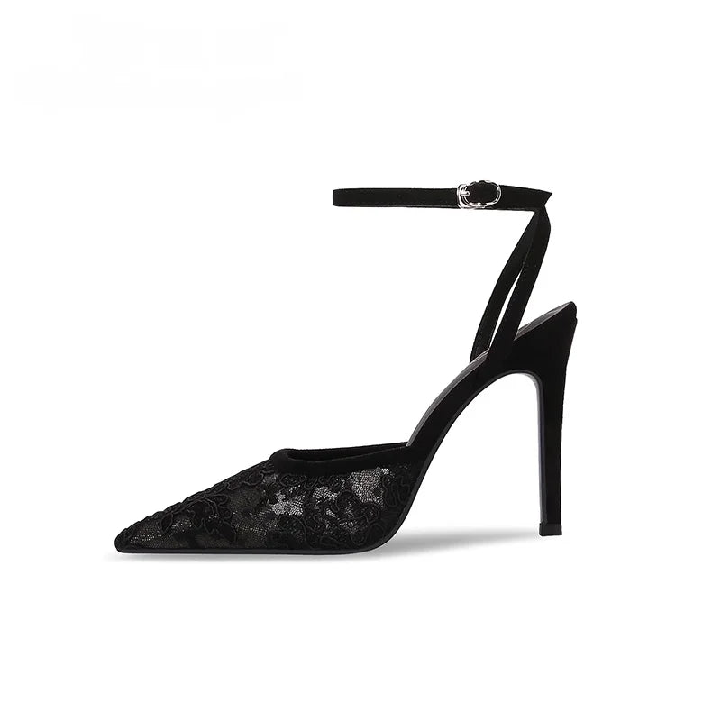 Fashion Luxury High Heels Women Sexy Lace Sandals Mesh Embroider Elegant Pointed Ladies Slingback Party Bridal Shoes Woma