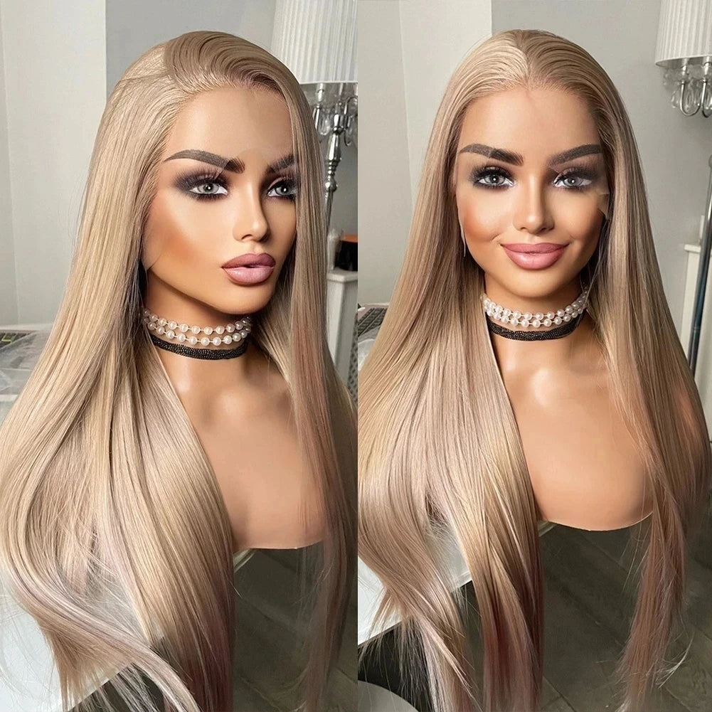 MXWIGS Ash Blonde Straight Synthetic Lace Front Wig For Women Soft Cosplay 26Inch Long Glueless Preplucked Heat Resistant