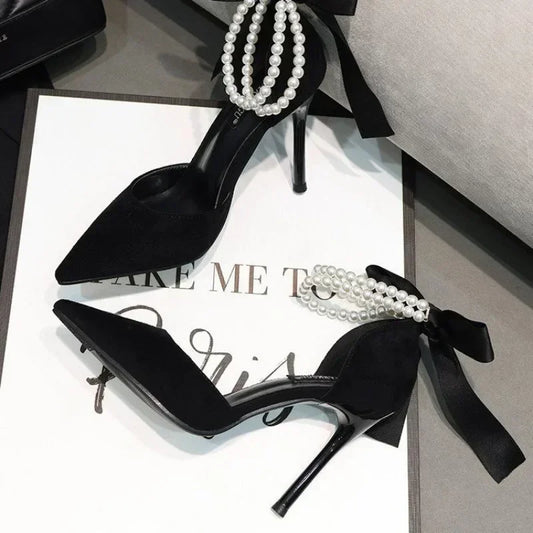 Ladies Shoes Ankle-wrap Women's High Heels Sexy Party Pumps Women String Bead Bow Tie Buckle Strap Spike Heels Sandal