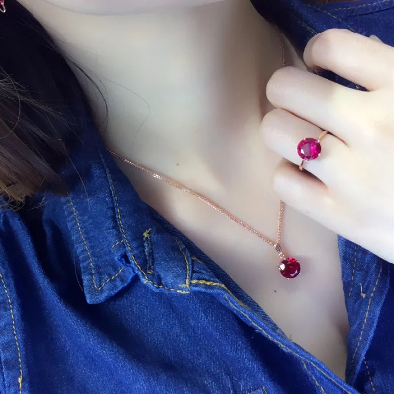 Round ruby jewelry sets light luxury fashion glamour earrings for women necklaces rings 585 purple gold plated 14K rose gold