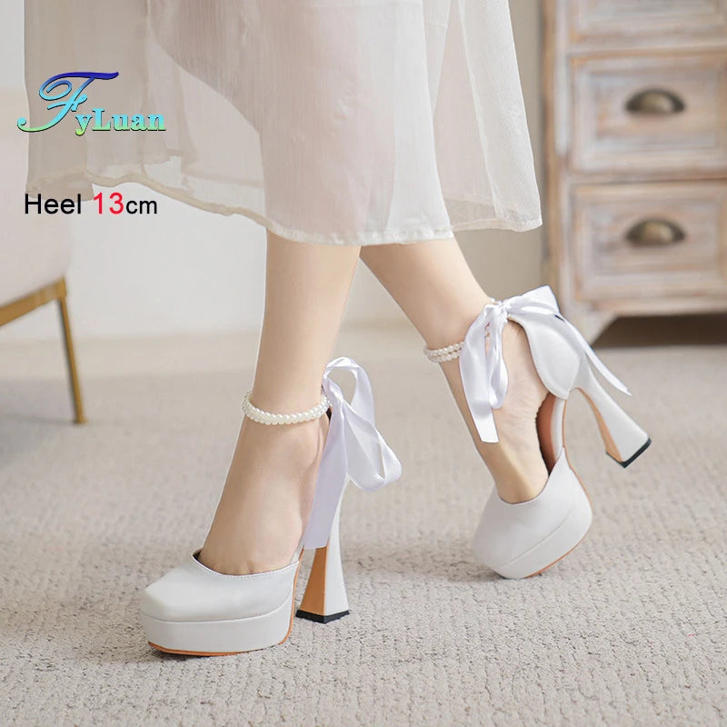 Summer High Heels Womens Sandals Fashion Super High Heels Sandals Bow One Word Buckle Square Head Coarse Heels Ladies Shoes