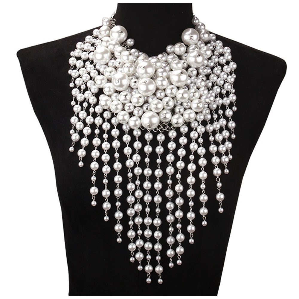Lady's Fashion Statement Pearls Necklace Earrings Jewelry Sets for Party Wedding Prom Beaded Tassels Choker Collar Necklaces