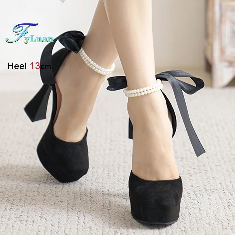 Summer High Heels Womens Sandals Fashion Super High Heels Sandals Bow One Word Buckle Square Head Coarse Heels Ladies Shoes