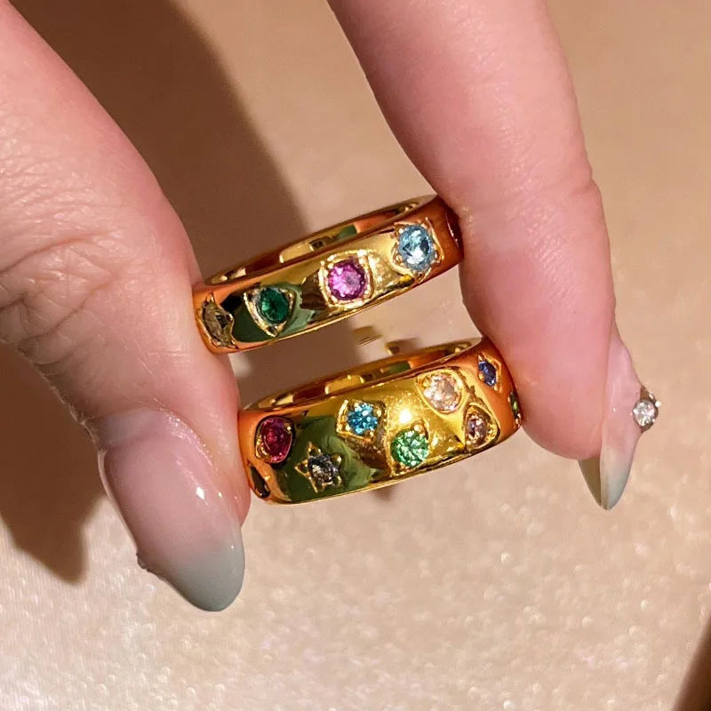 High-end glossy inlaid colorful diamond rings for women unique design stacked sparkling fashion ring Light luxury party jewelry