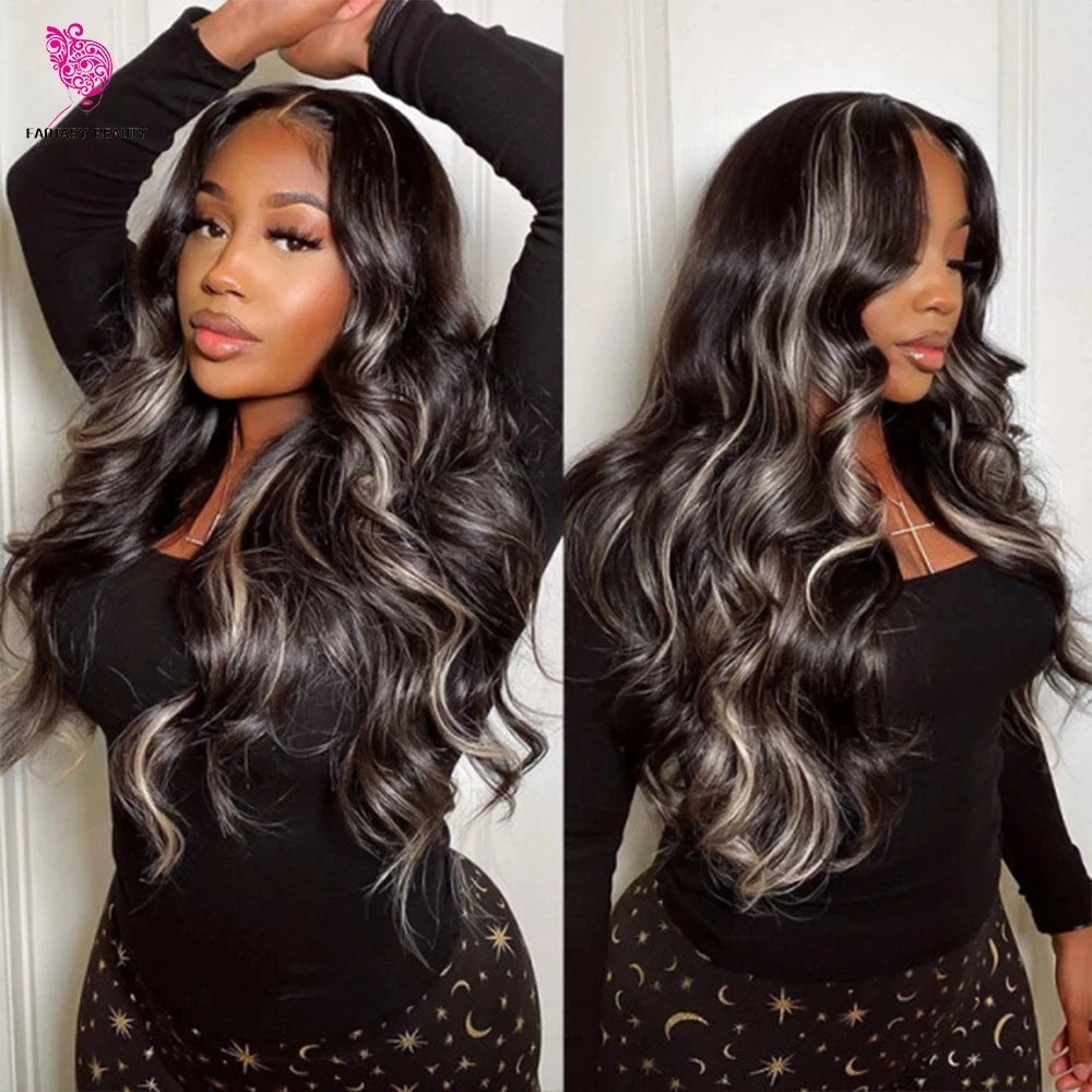 V Part Wig Body Wave Highlight Grey Wigs No Glue No Leave Out Human Hair Gray and Black Ombre U part Wigs Beginner Friendly
