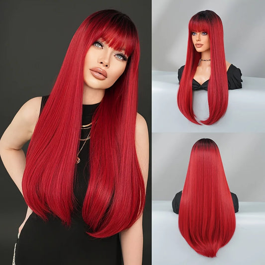 Women's long, straight, burgundy wig, stylish and simple, with dark roots and high-density heat-resistant synthetic fibers, suit