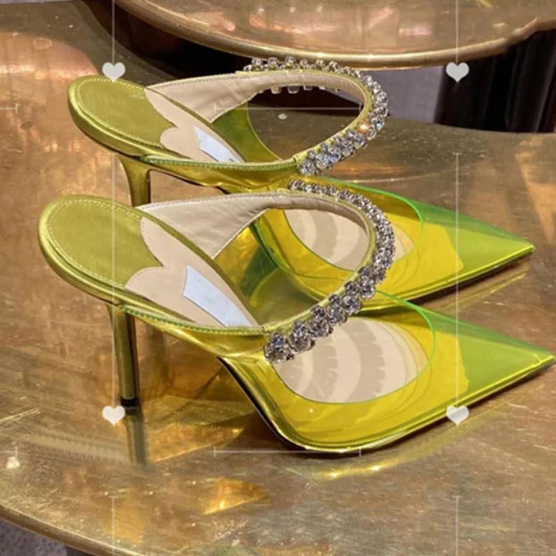 Ladies High Heels Pointed Toe Stiletto With Rhinestone Transparent Sandals Pump