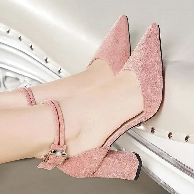 New Fashion Heels for Ladies Women Buckle with Pointed High Heels Thick Heel Women Heeled Sandals Pumps Ladies Dress Party Shoes