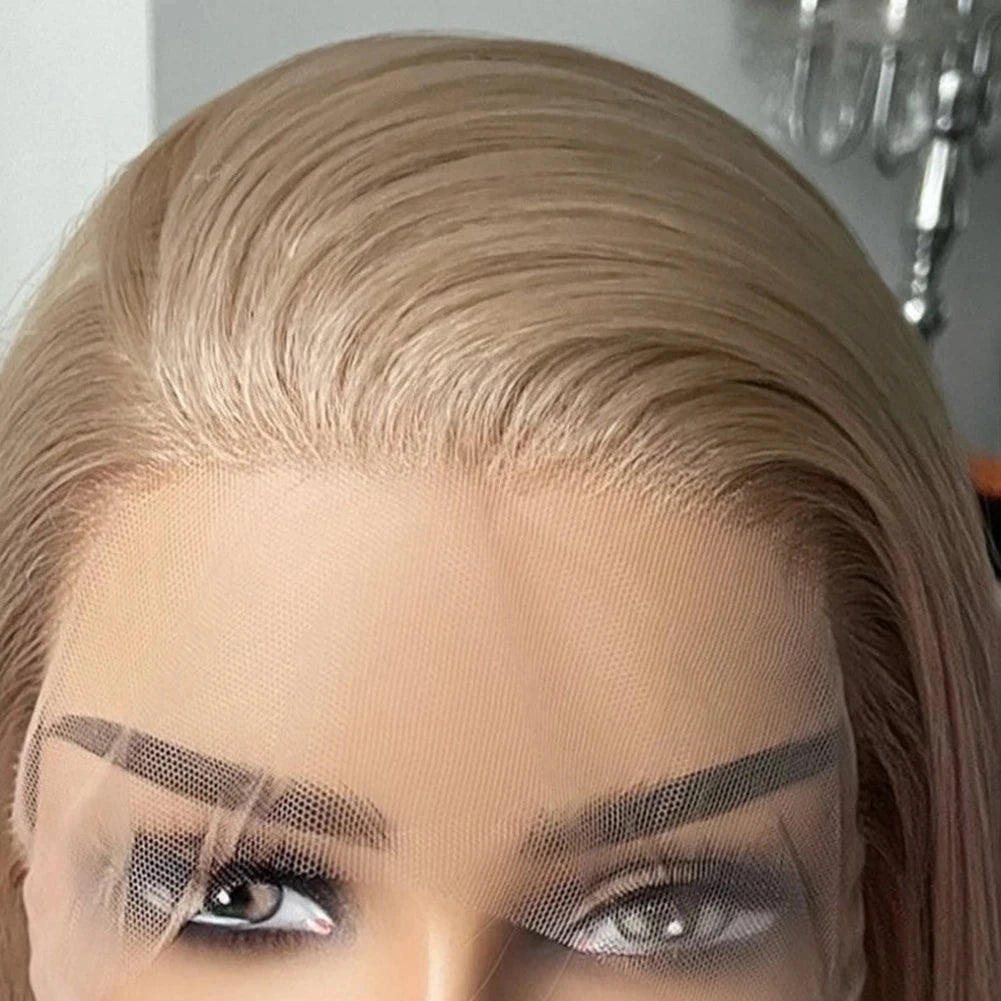 MXWIGS Ash Blonde Straight Synthetic Lace Front Wig For Women Soft Cosplay 26Inch Long Glueless Preplucked Heat Resistant
