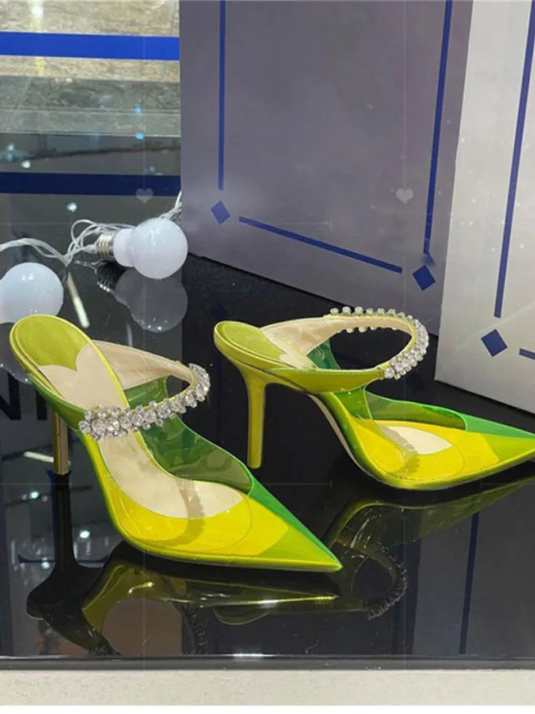 Ladies High Heels Pointed Toe Stiletto With Rhinestone Transparent Sandals Pump