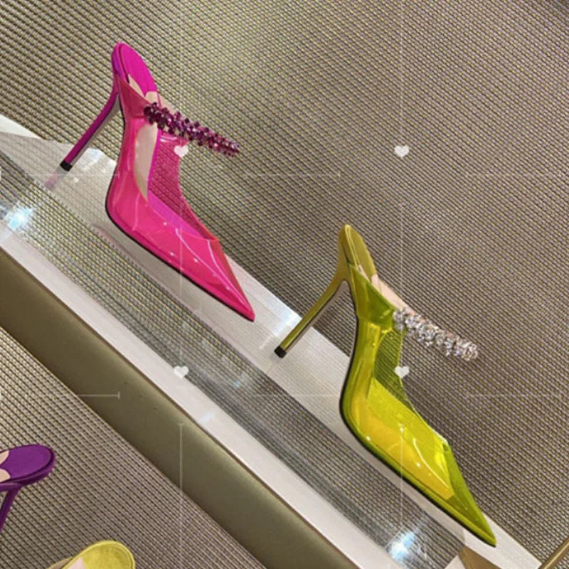 Ladies High Heels Pointed Toe Stiletto With Rhinestone Transparent Sandals Pump