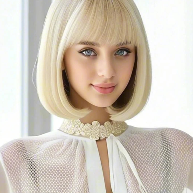 Luxurious 12” gold,color bangs synthetic wig with elegant, voluminous texture for everyday wear and special occasions.