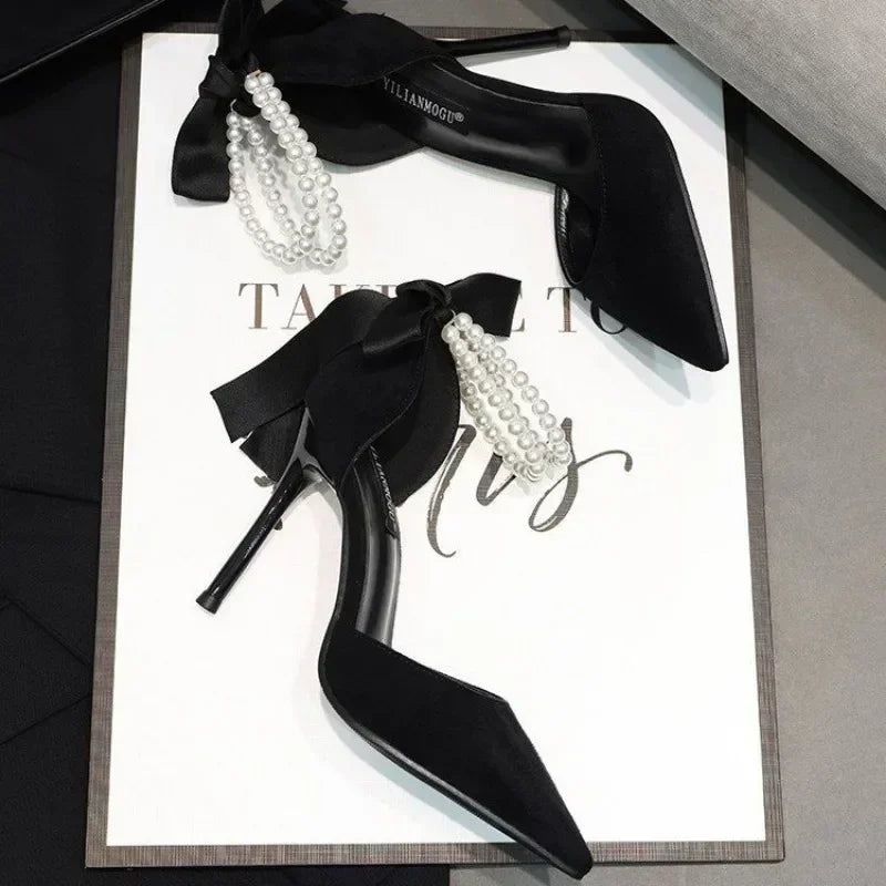 Ladies Shoes Ankle-wrap Women's High Heels Sexy Party Pumps Women String Bead Bow Tie Buckle Strap Spike Heels Sandal