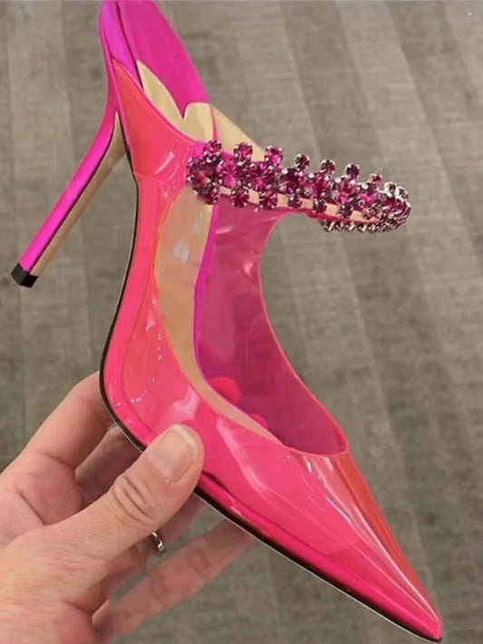 Ladies High Heels Pointed Toe Stiletto With Rhinestone Transparent Sandals Pump