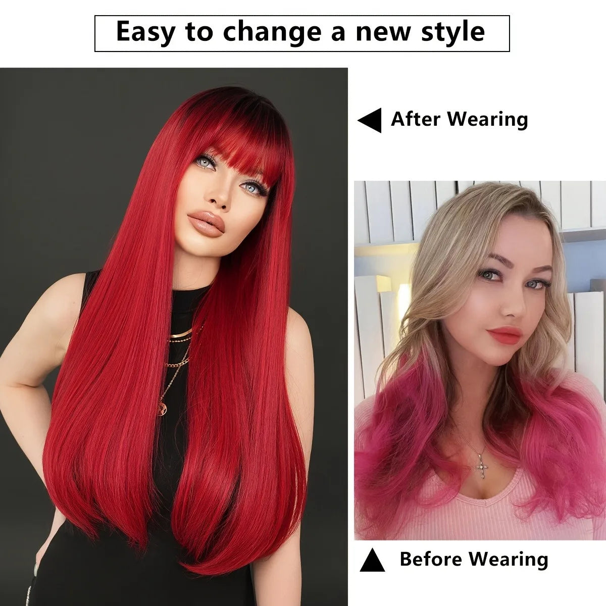 Women's long, straight, burgundy wig, stylish and simple, with dark roots and high-density heat-resistant synthetic fibers, suit