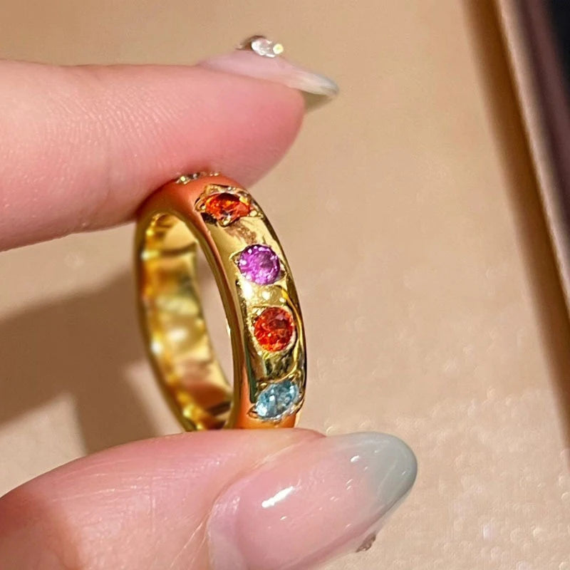 High-end glossy inlaid colorful diamond rings for women unique design stacked sparkling fashion ring Light luxury party jewelry